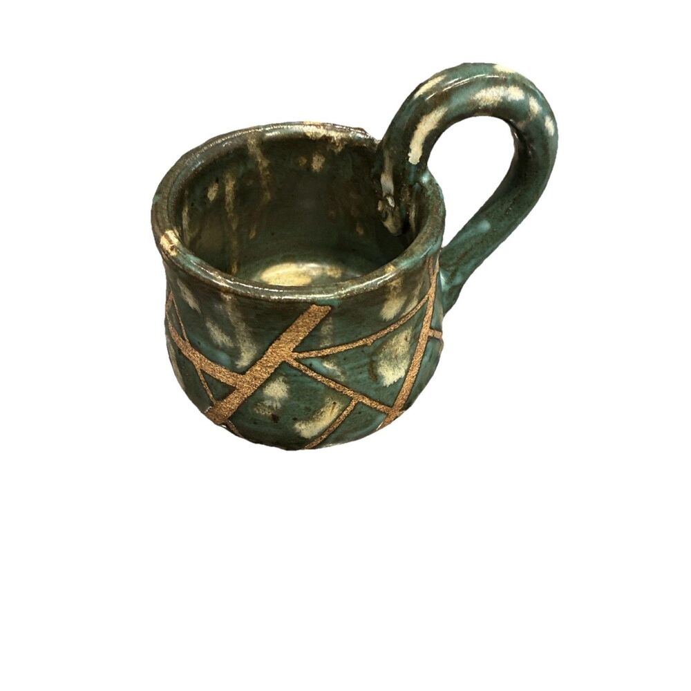 G Walker Studio Pottery Ceramic Mug Signed Dated 2016 Geometric Teal Green